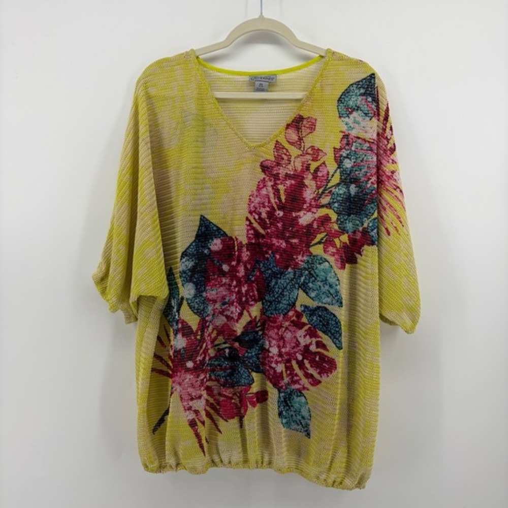 Catherines Maggie Barnes Top Yellow Women 2X Floral Mesh Dolman V-Neck Blouson